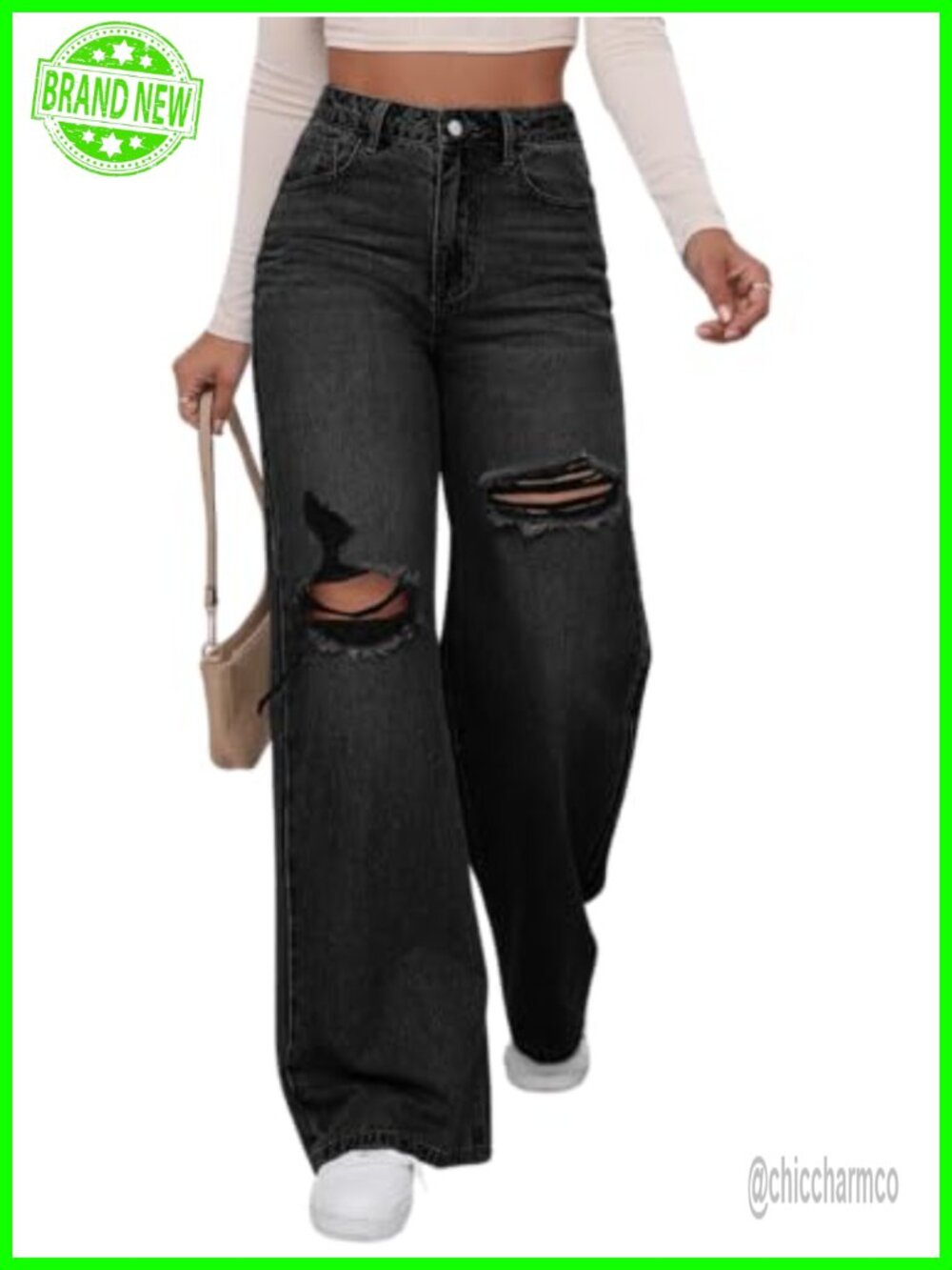 High Waisted Ripped Wide Leg Baggy Jeans Distressed Denim Pants